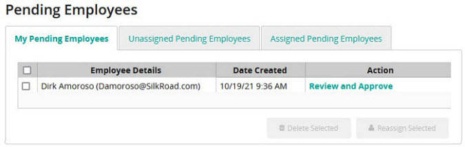 The My Pending Employees tab with a table row for one pending employee and a Review and Approve link