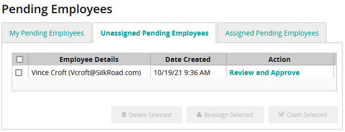 The Unassigned Pending Employees tab with one pending employee and disabled Delete, Reassign and Claim Selected buttons