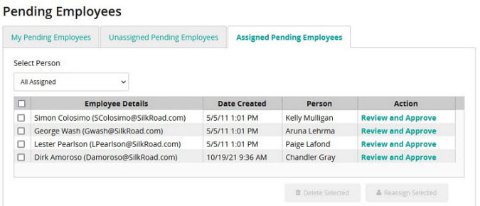 The Assigned Pending Employees tab listing pending employees with Review and Approve links and action buttons