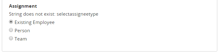 The Assignment section with Existing Employee selected, beside the Person and Team options