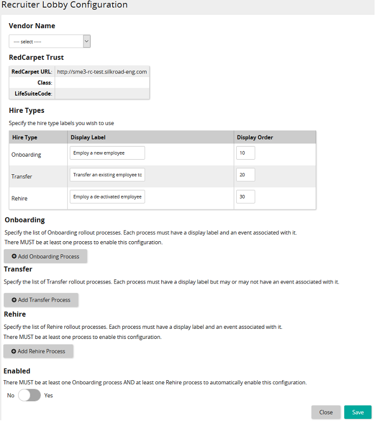 The Recruiter Lobby Configuration page with Vendor Name, Hire Types, three process sections and an Enabled switch
