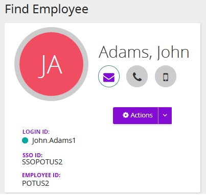 The Find Employee card with an avatar, email, phone and mobile buttons, an Actions menu and ID fields