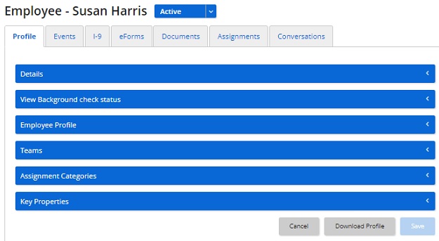 An employee's Profile tab with collapsed sections such as Details, Teams and Key Properties, and an Active status