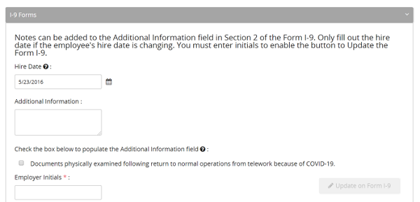 The I-9 Forms section with Hire Date, Additional Information and Employer Initials fields and an Update on Form I-9 button