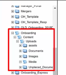 A folder tree with the Onboarding Content Uploads folders highlighted in a red box