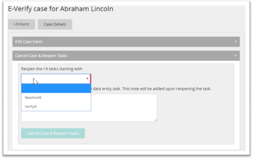 The Cancel Case & Reopen Tasks panel of an E-Verify case with a drop-down list of I-9 tasks to reopen from