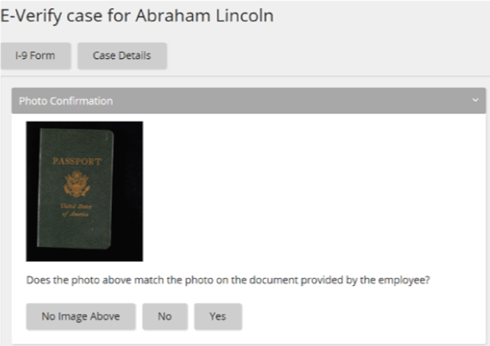 The Photo Confirmation panel of an E-Verify case, with a document photo and No Image Above, No and Yes buttons