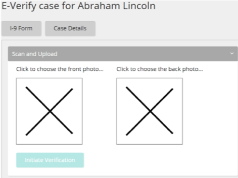 The Scan and Upload panel of an E-Verify case, with front and back photo boxes and an Initiate Verification button