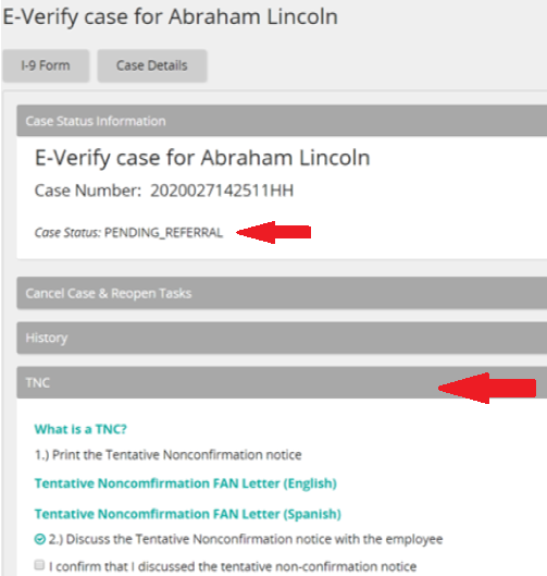 The TNC panel of an E-Verify case with arrows pointing to the PENDING_REFERRAL case status and the TNC section