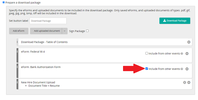 The Prepare a download package options with an arrow pointing to the Include from other events checkbox