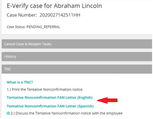 The TNC panel of an E-Verify case with an arrow pointing to the Tentative Nonconfirmation FAN Letter (English) link