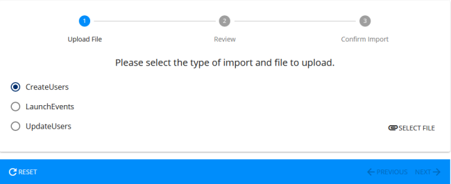 The Imports page at the Upload File step with import type options and a Select File button