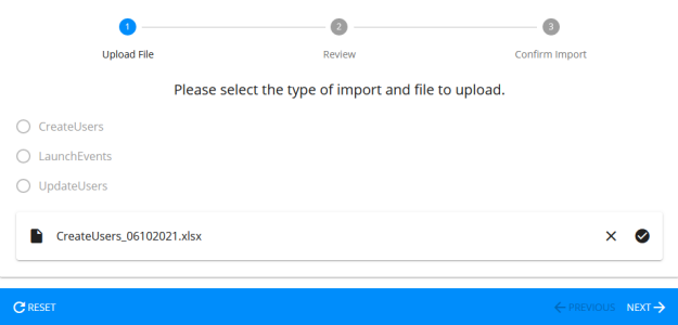 The Upload File step with a selected spreadsheet file listed, with remove and confirm icons