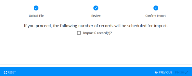 The Confirm Import step with a checkbox to import 6 records and a Finish button