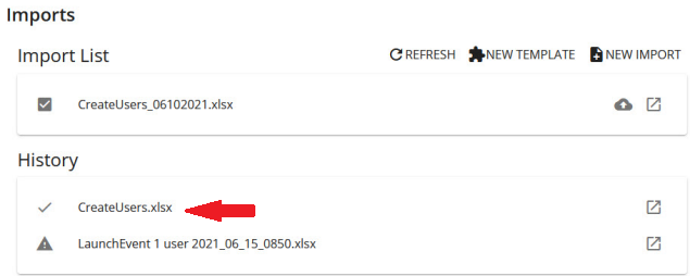 The Imports page with an arrow pointing to a completed import in the History list