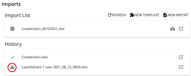 The Imports page with the warning icon beside an import in the History list circled in red