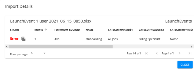 The Import Details window showing a record with an Error status, a copy icon and a Close button