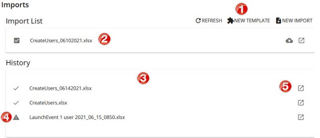 The Imports page with an Import List, a History list and numbered callouts on the toolbar and status icons