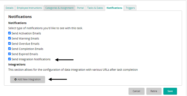 The Notifications tab with arrows pointing to Send Integration Notifications and the Add New Integration button