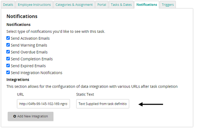 The Notifications tab with an arrow pointing to the Static Text field in the Integrations section, beside the URL field