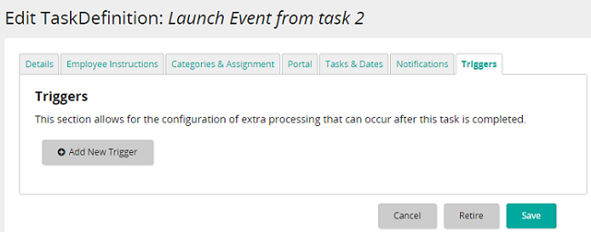The Edit TaskDefinition page with the Triggers tab open and an Add New Trigger button