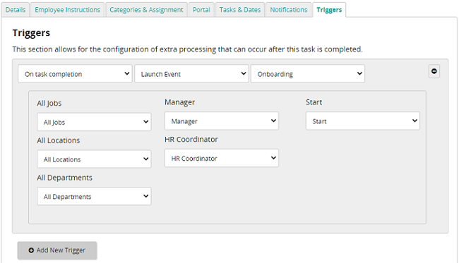 The Triggers tab with a trigger set to On task completion, Launch Event and Onboarding, with job and location lists