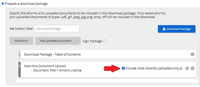 The Prepare a download package options with an arrow pointing to the Include most recently uploaded only checkbox