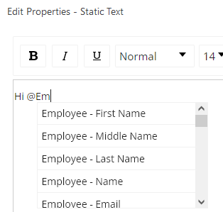 The Edit Properties - Static Text editor with a list of employee merge fields open after typing @ in the text