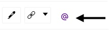 An editor toolbar with an arrow pointing to the @ button used to insert merge fields
