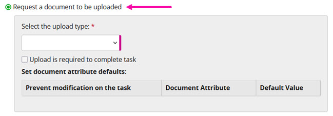 The Request a document to be uploaded option selected, with an upload type menu and a document attribute table