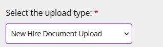 The Select the upload type menu set to New Hire Document Upload
