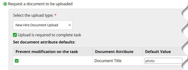 The upload option with upload required checked and a Document Title default value of photo