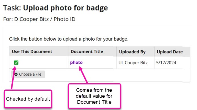 The Upload photo for badge task with callouts showing the default checked box and the default Document Title