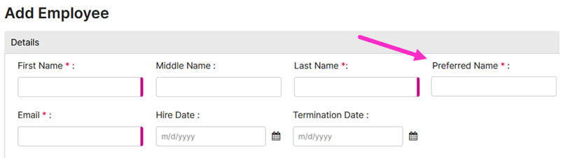 The Add Employee form with an arrow pointing to the Preferred Name field