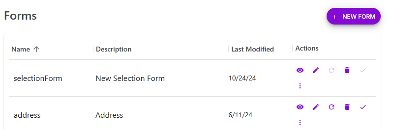 The Forms list with Name, Description, Last Modified and Actions columns, and action icons beside each form