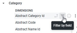 The Category dimensions list with a Filter by field tooltip over a filter icon beside a field name
