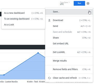 The Save menu with options to save as a new dashboard, to an existing dashboard, or as a Look